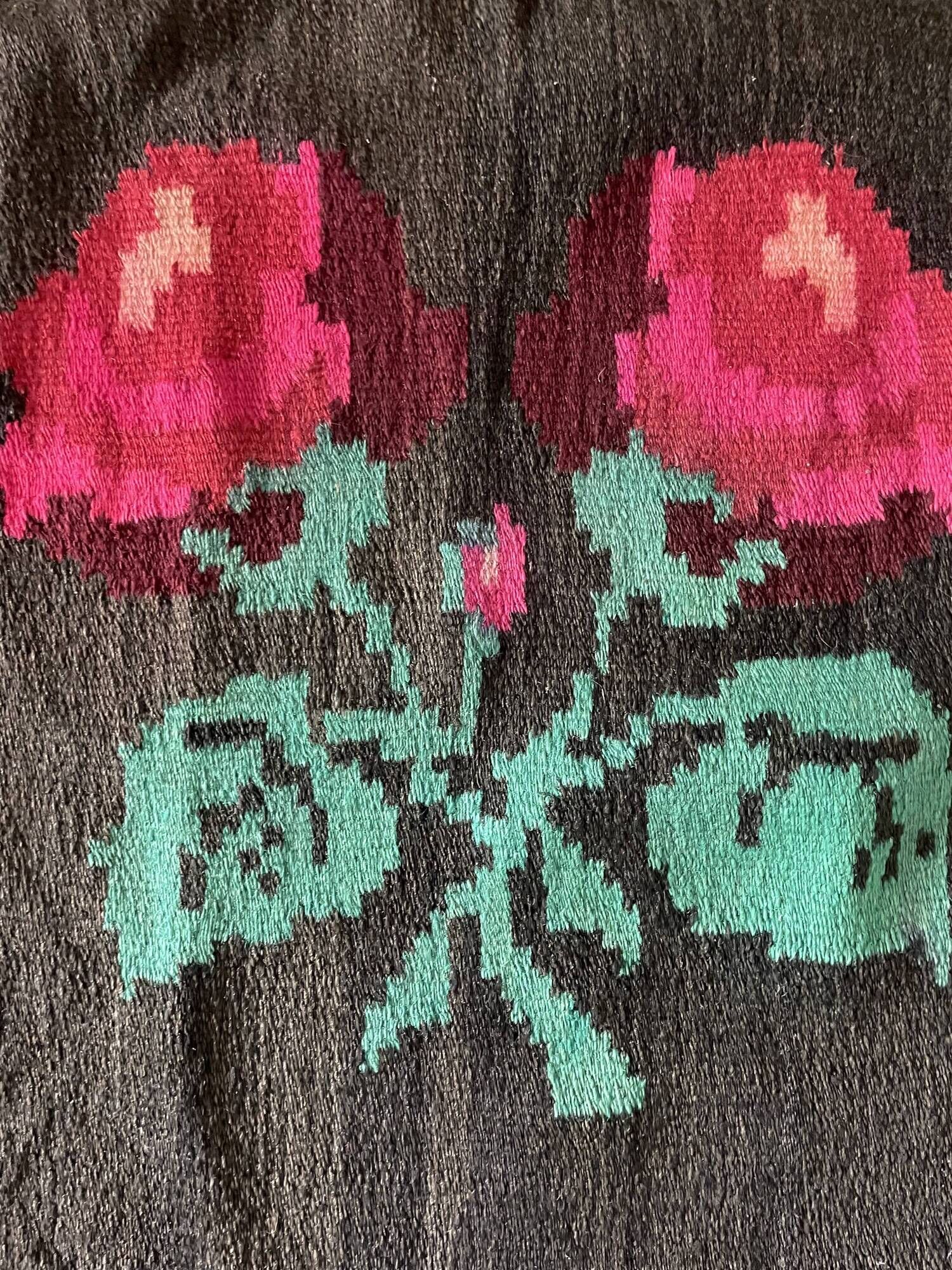 Very Old Romanian floral handwoven carpet made in wool, bohemian design