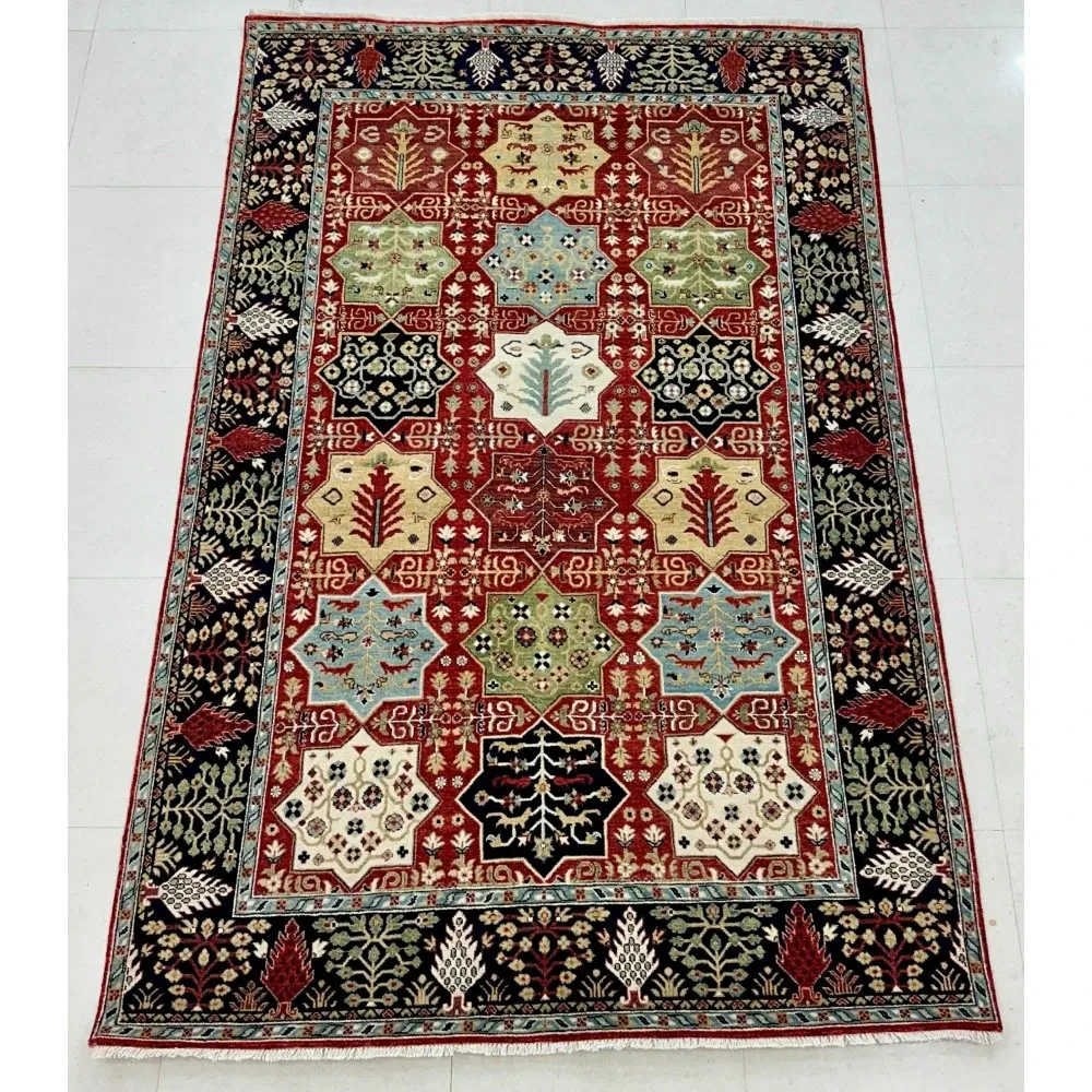 Hand-Knotted Wool Area Rug, Red Geometric Botanical Carpet for Living Room