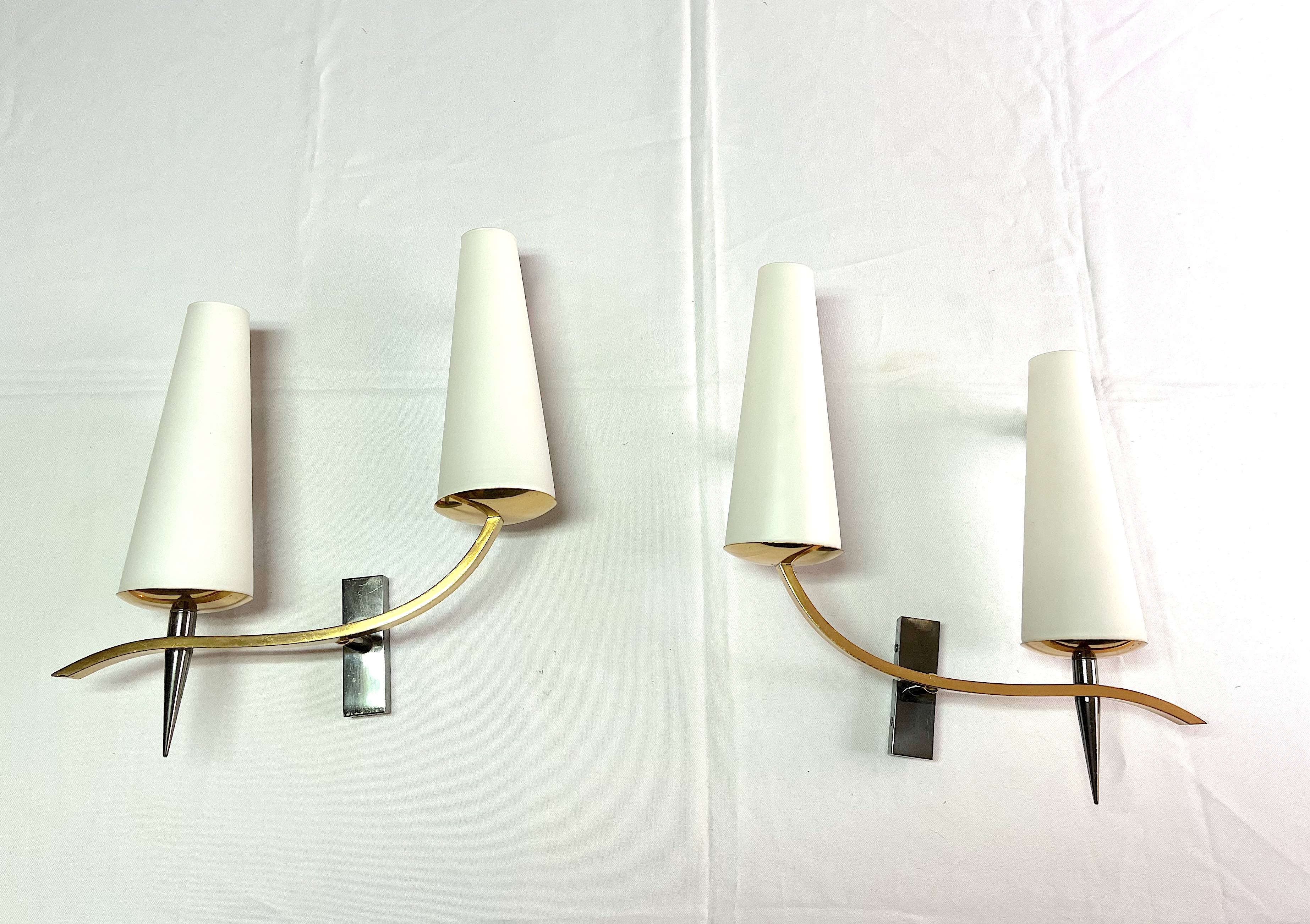 Pair of double sconces in brass and opaline, Maison Arlus, France, Mid-Century