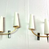 Pair of double sconces in brass and opaline, Maison Arlus, France, Mid-Century