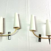 Pair of double sconces in brass and opaline, Maison Arlus, France, Mid-Century