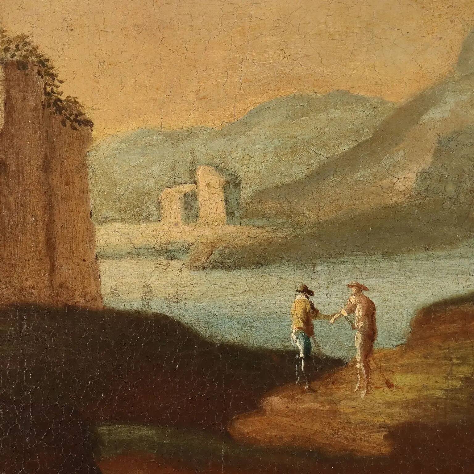 Old painting landscape with figures, oil on canvas, 18th century