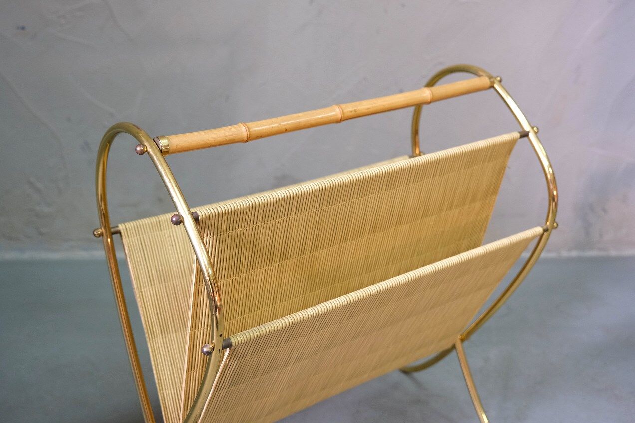 Mid-Century Modern Brass and Bamboo Magazine Rack, Austria 1950s