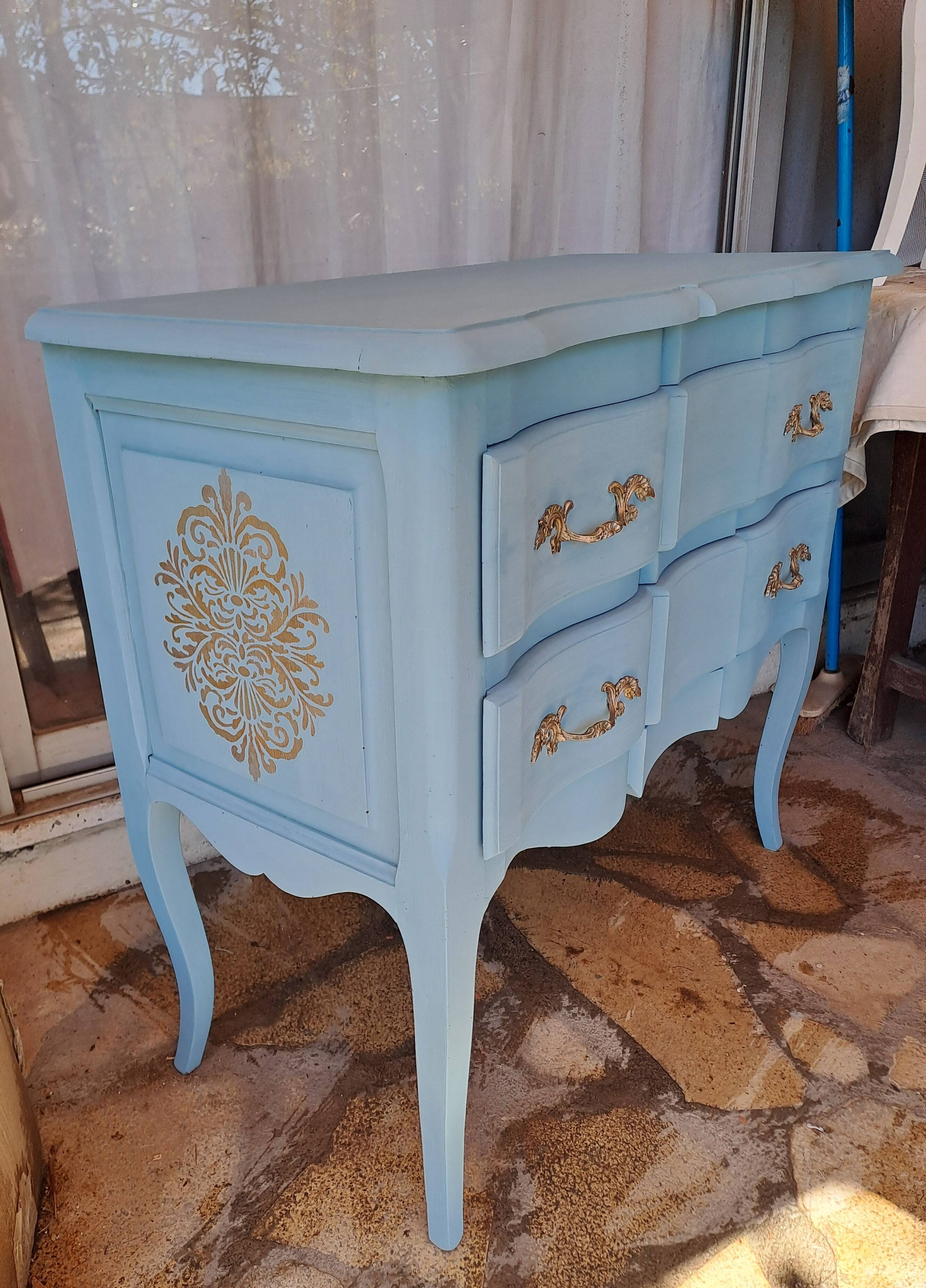 Louis XV style solid wood chest of drawers repainted in lagoon blue with 2 drawers