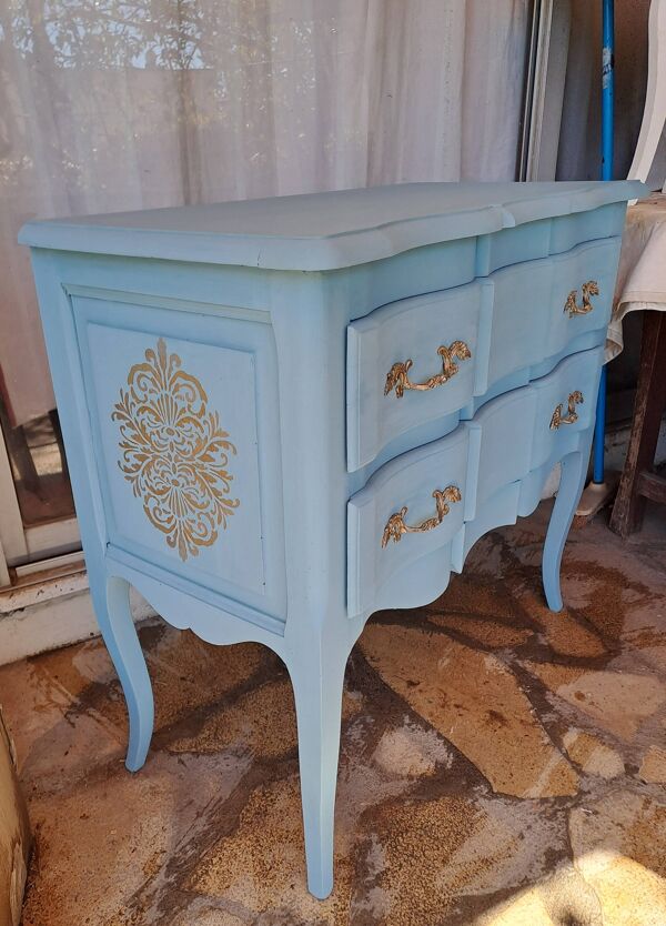 Commode en bois massif repeint bleu lagune style Louis XV à 2 tiroirs