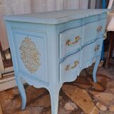 Commode en bois massif repeint bleu lagune style Louis XV à 2 tiroirs