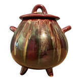 Sugar bowl, candy pot, covered pot in malicorne earthenware signed J. Guet