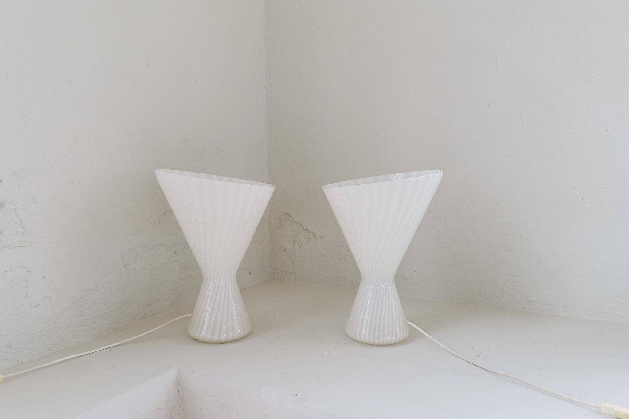 Pair of large classic white Murano table lamps from Italy, 1970s.