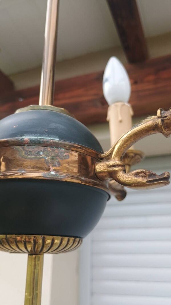 Suspension lustre Swan et flèche antique à 4 lumières en laiton France 1950