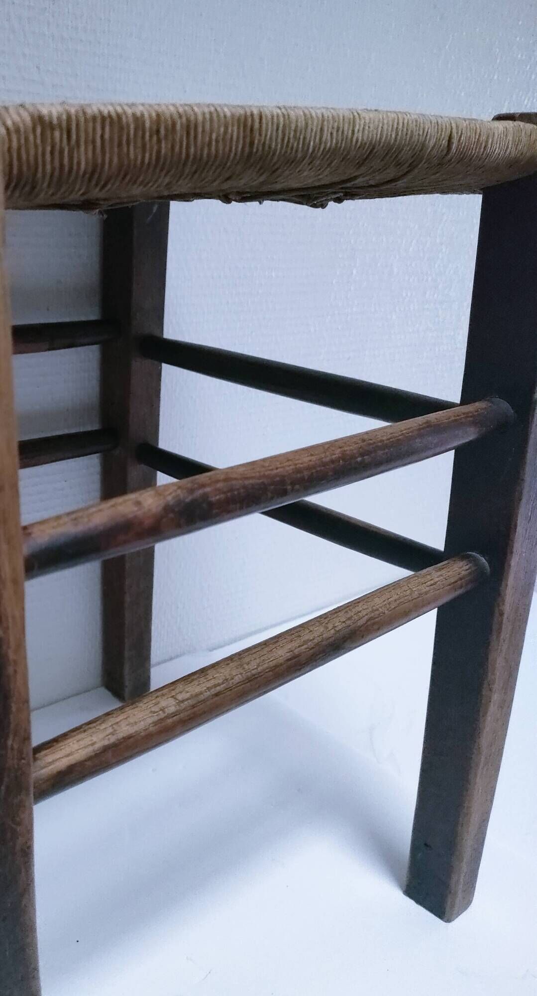 wooden stool with woven plant seat vintage