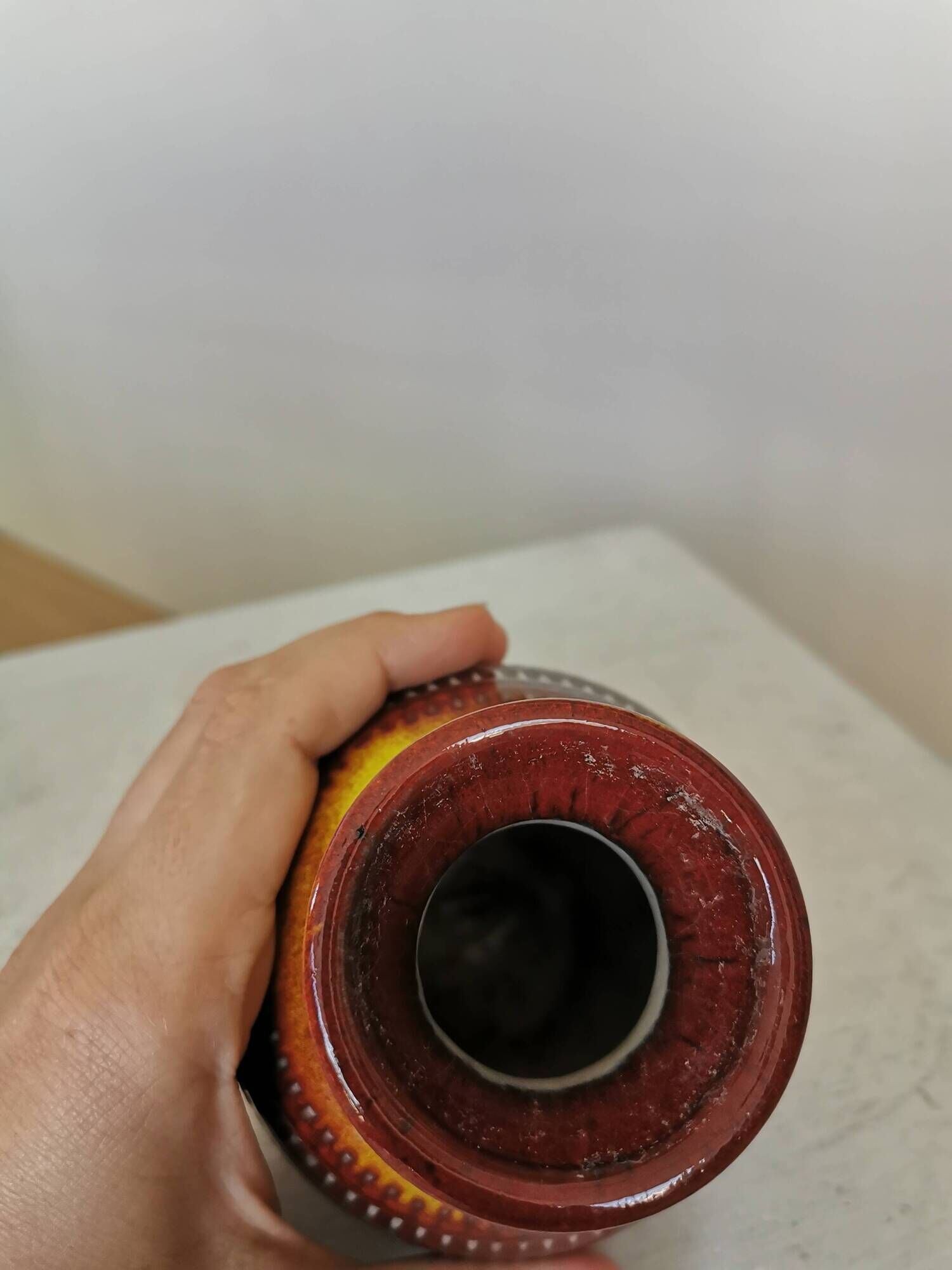 Vintage Scheurich Fat Lava Vase: West German Red & Yellow Pottery