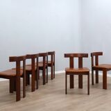 Ensemble de 6 chaises Luigi Vaghi en bois massif et cuir, ANCIENNES années 1970