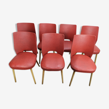 Lot de 6 + 1  chaise rouge en skaï art deco pied compas scandinave