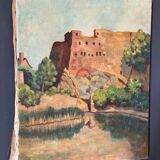Oil on canvas landscape with a fortress circa 1930 by Dernay