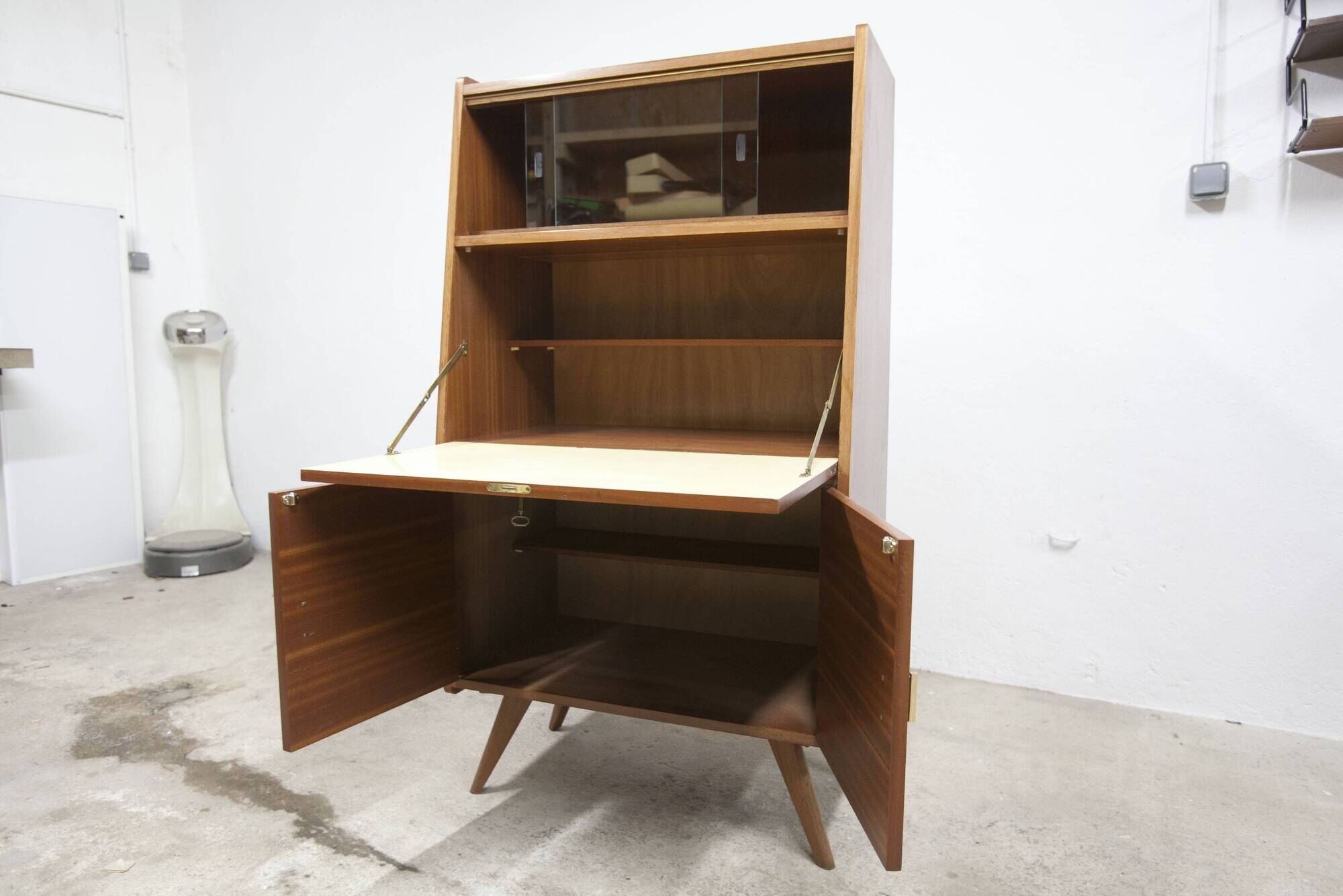 1960 Scandinavian secretary with teak compass feet and pastel yellow top