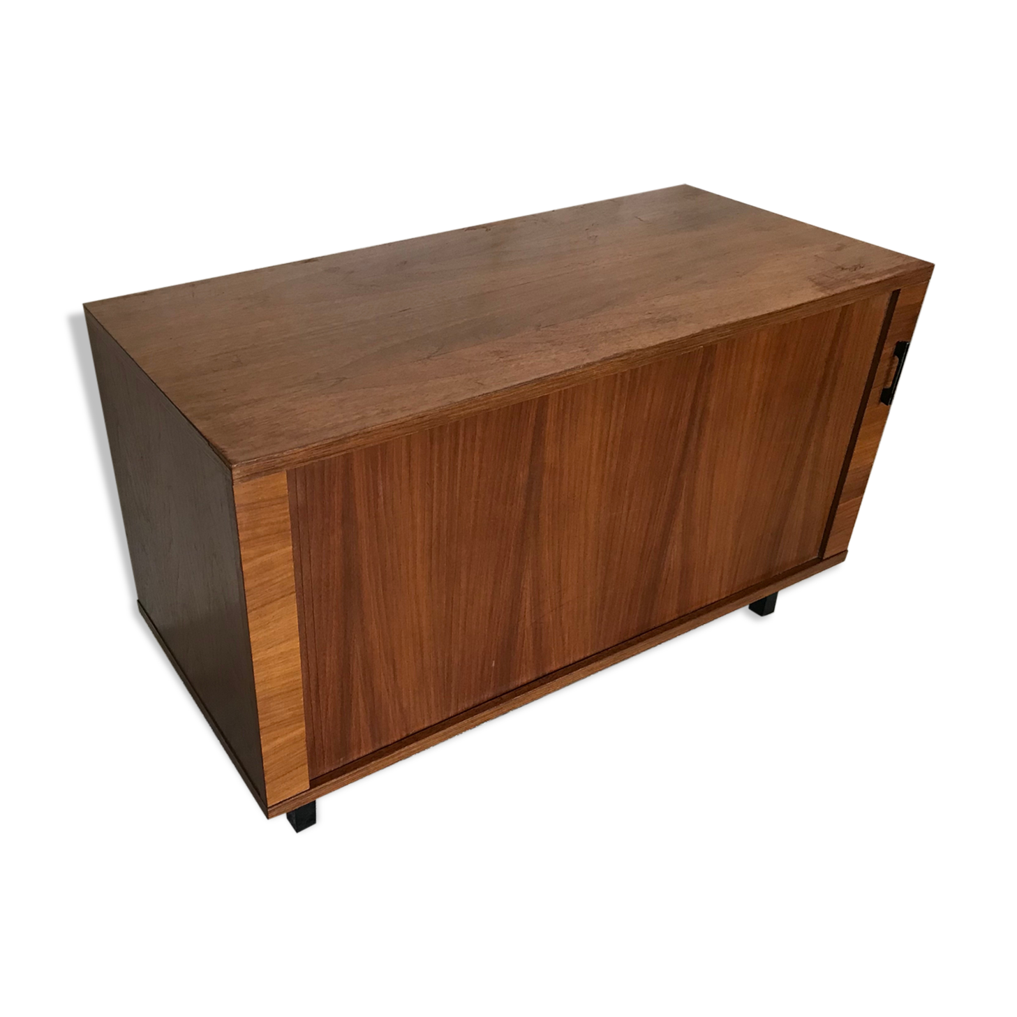 Vintage storage cabinet box on feet with sliding curtain