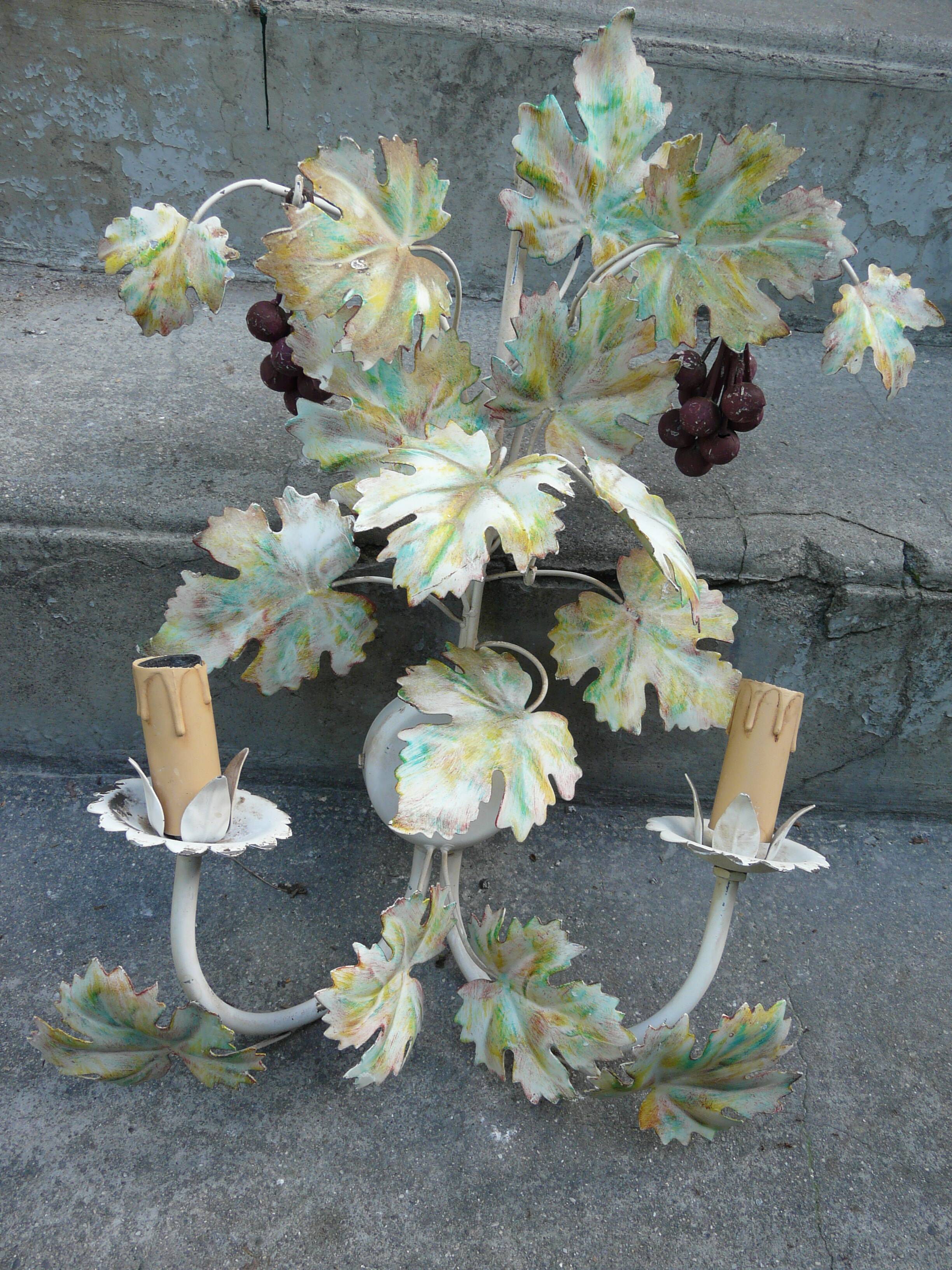 Large painted metal wall lamp with two arms vine/grape decoration
