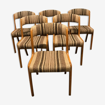 Chaises vintage de style scandinave bois clair garni de lainage rayé marron circa 1970
