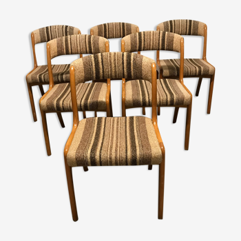 Scandinavian-style vintage chairs light wood trimmed with brown striped lainage - Circa 1970