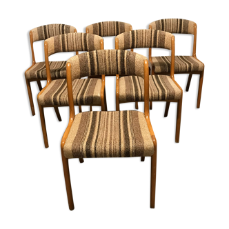 Scandinavian-style vintage chairs light wood trimmed with brown striped lainage - Circa 1970
