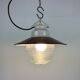 Industrial porcelain red enamel pendant light with ribbed clear glass, 1970s