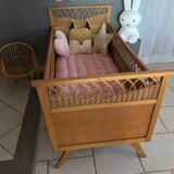 Vintage wood and rattan year 60 baby bed