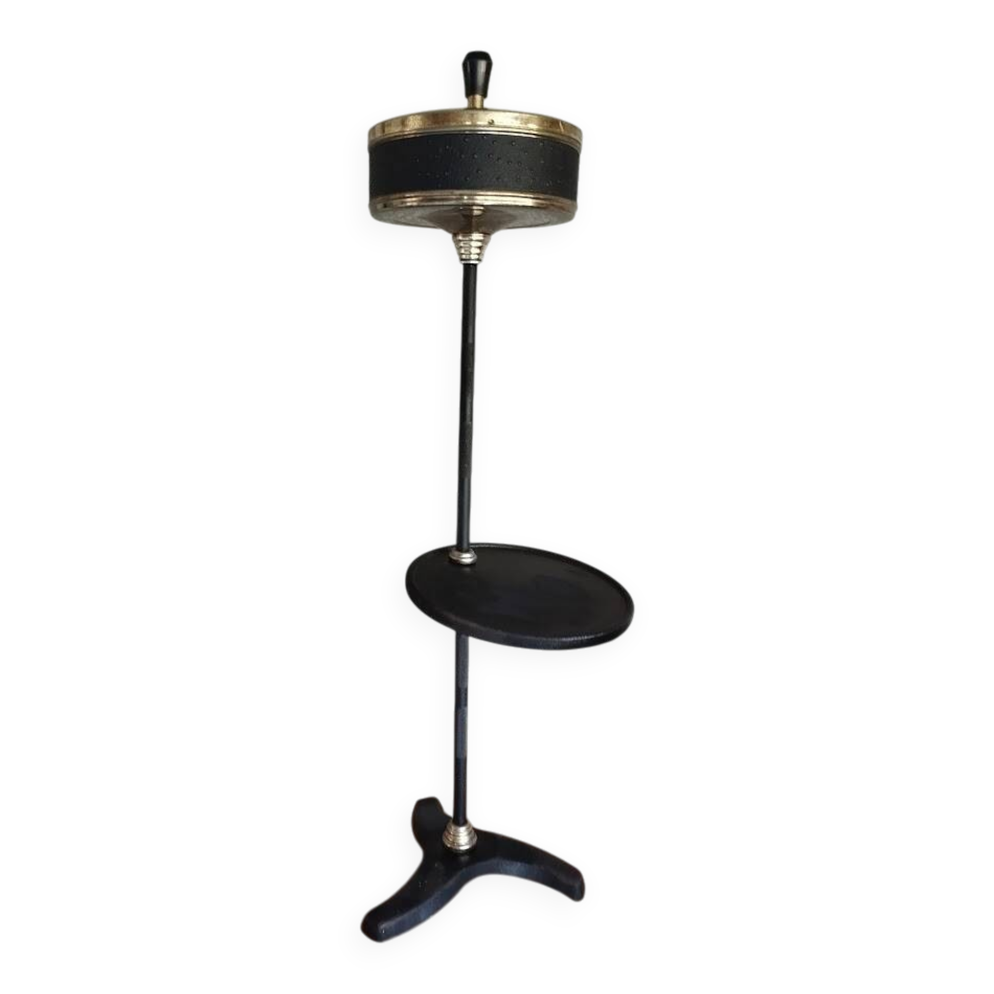 Vintage push-button ashtray from the 70s – Black and brass – With shelf