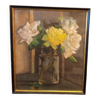 Elegant original painting – "White and Yellow Roses," signed G. Paulin.