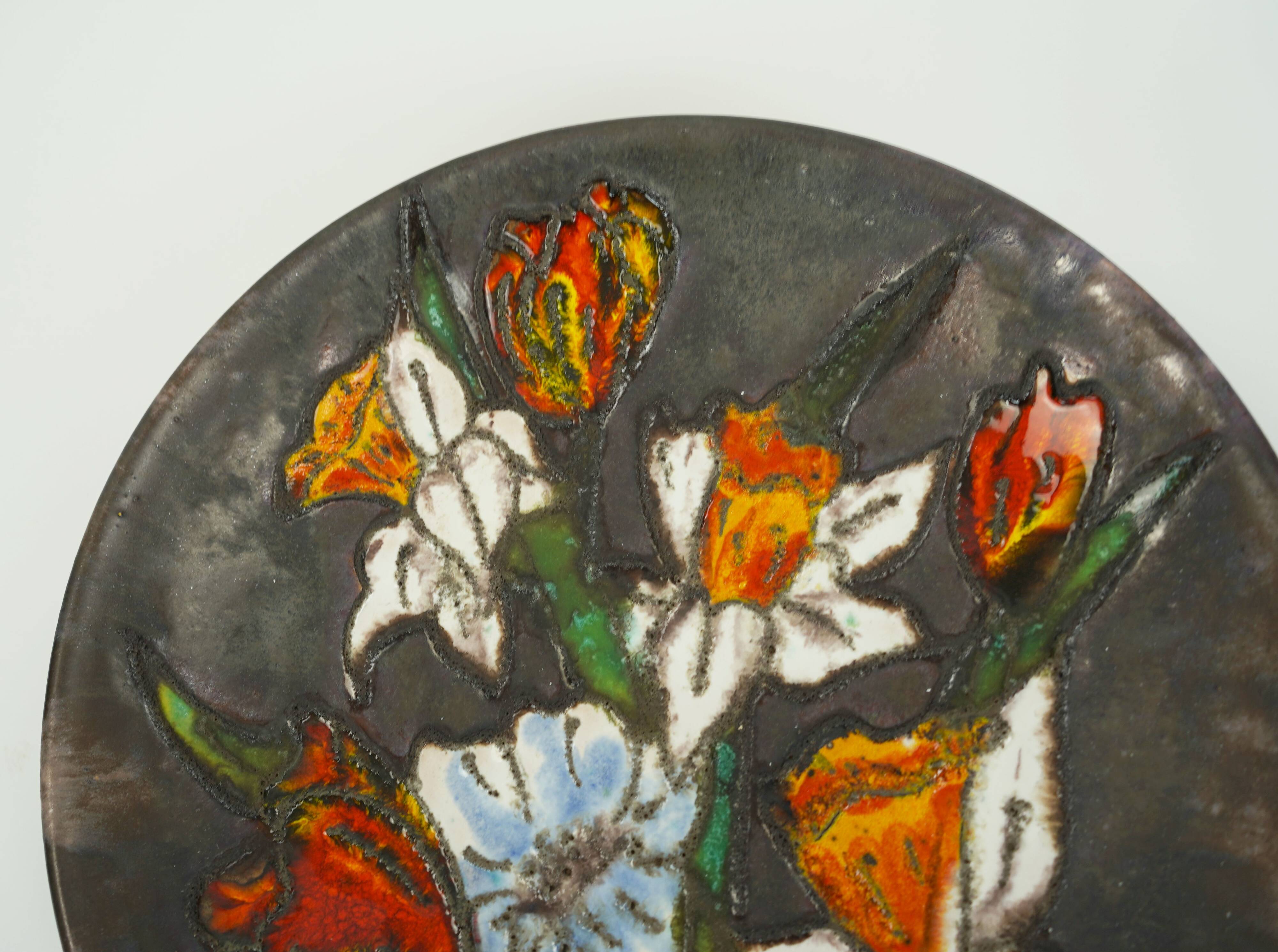 vintage ruscha 1960's 70's WALL PLATE fat lava bowl orange and white flower
