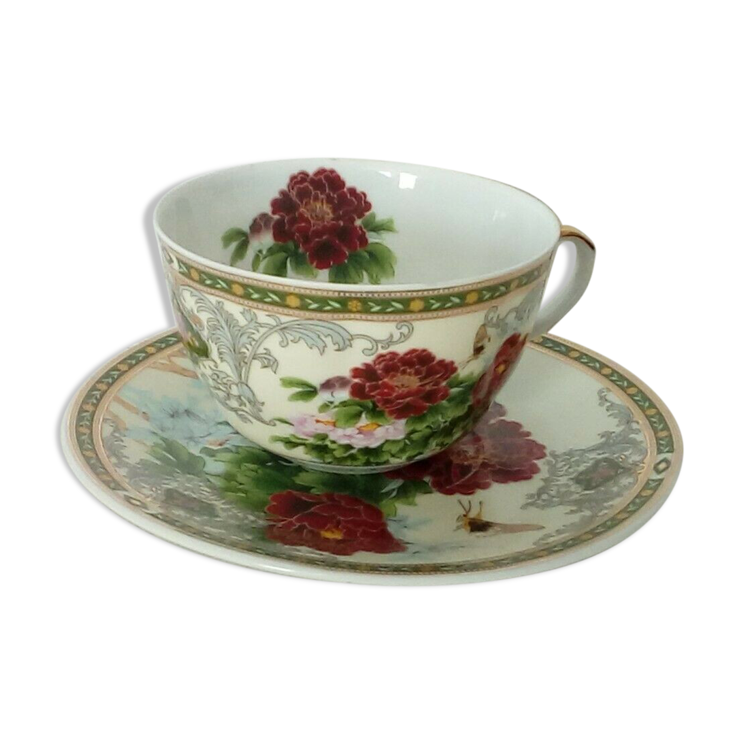 CUP A THE FINE PORCELAIN YAMASEN JAPAN DECOR PEONY LITHOPHANE GEISHA