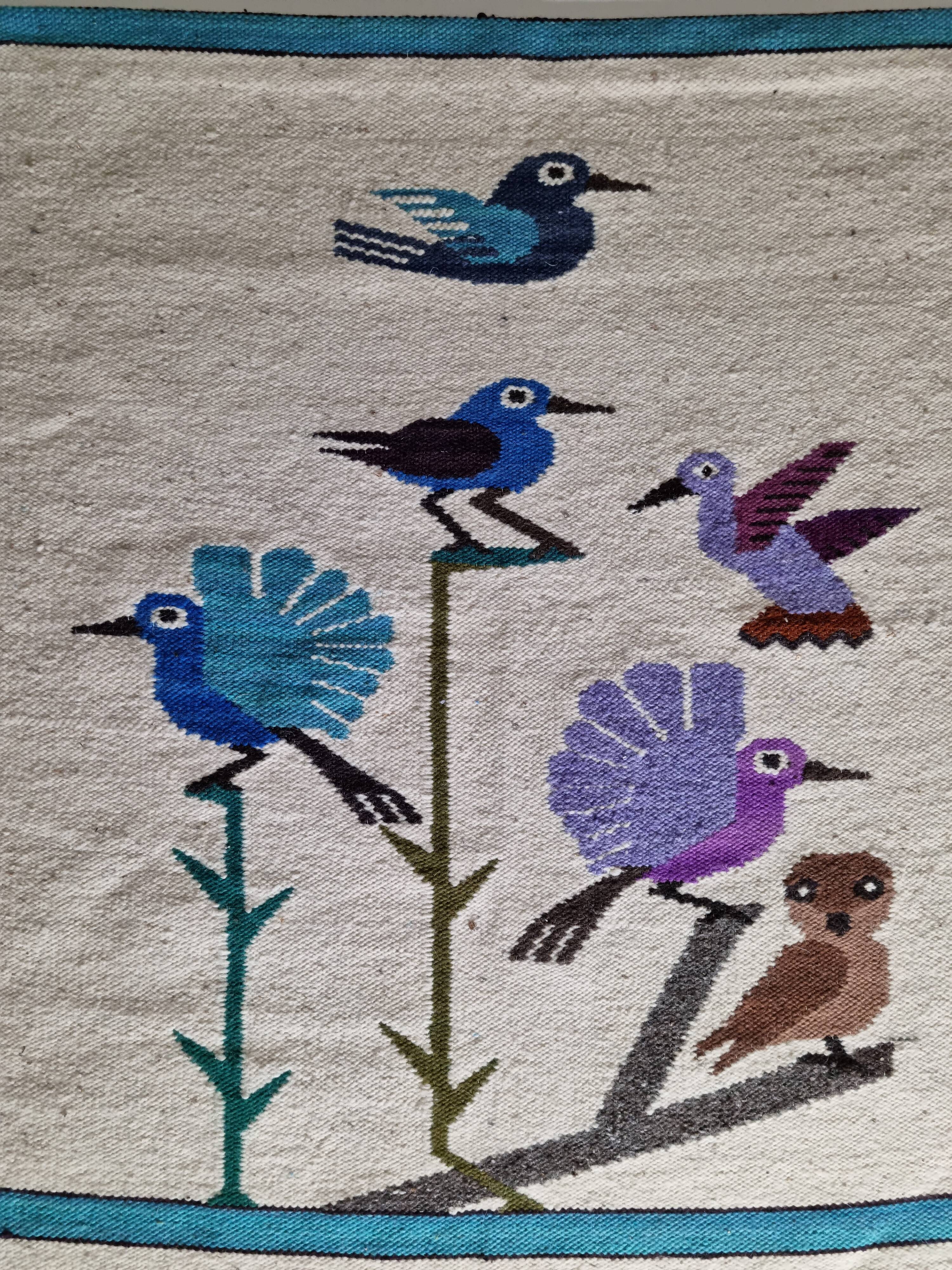 Handcrafted wall tapestry in dyed wool, bird decor, 67 cm by 84 cm