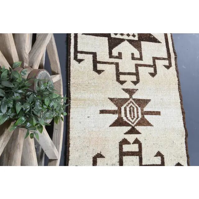 Vintage Turkish Oushak handmade wool cotton white runner rug 100x350