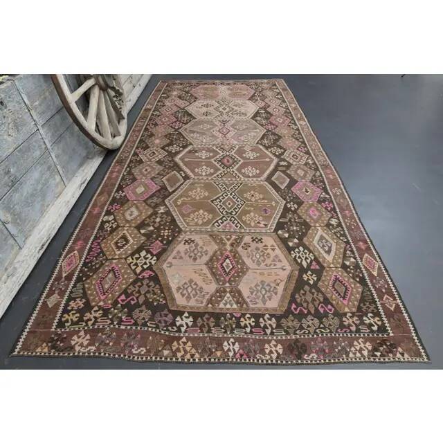 Vintage Turkish Oushak Handmade Wool Cotton Brown Runner Rug 188x416