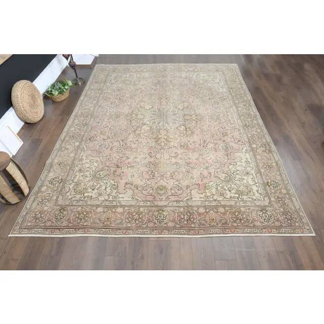 1970s Vintage Persian Handmade Wool Cotton Pink Area Rug 294x388