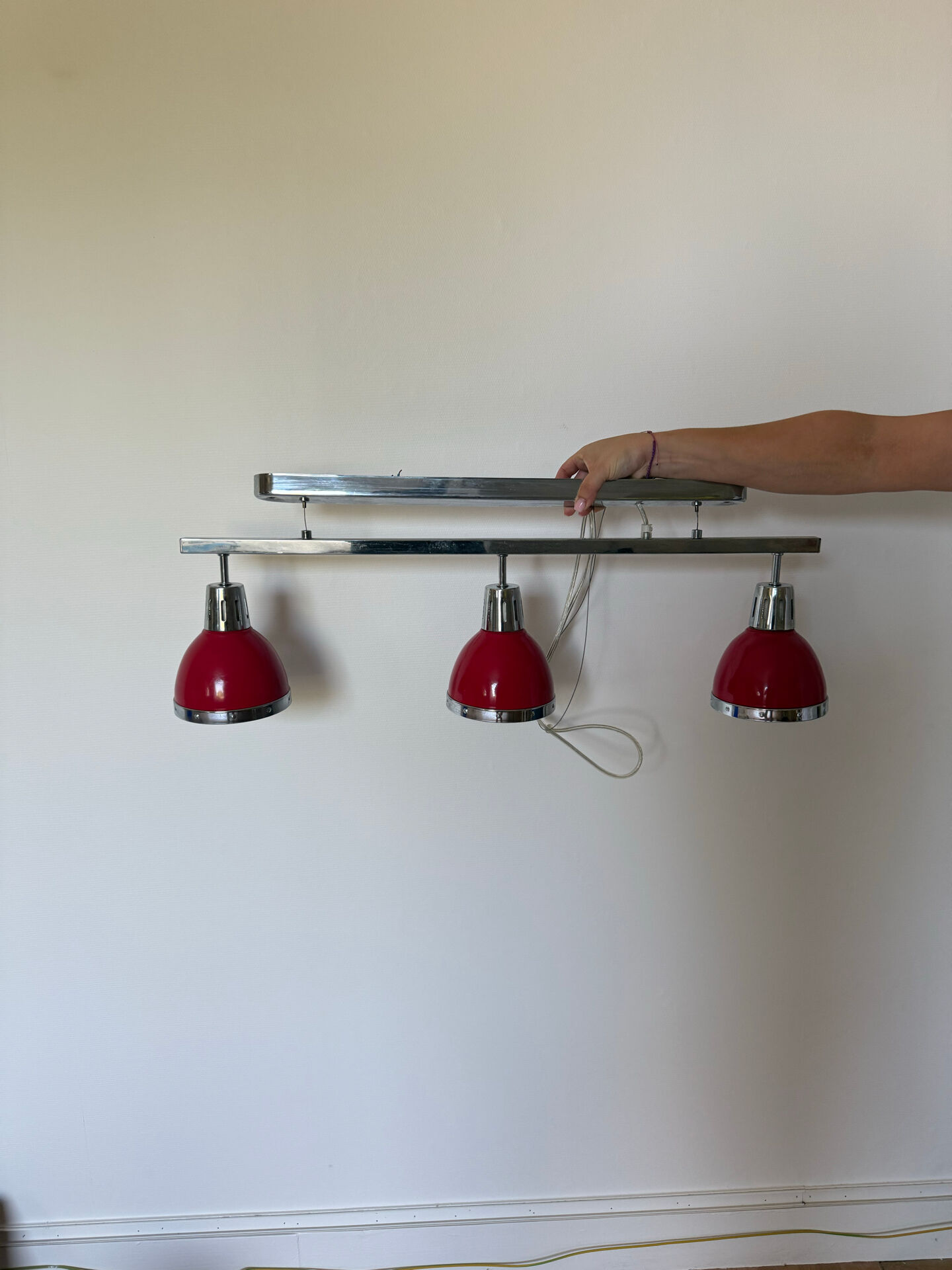 Designer pendant light with 3 red and chrome spots