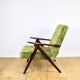 Fauteuil classique Var B-310 en velours structural olive vintage des années 1960 - bois foncé