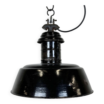 Lampe d'usine industrielle en émail noir avec plateau en fonte, espagne, 1950s