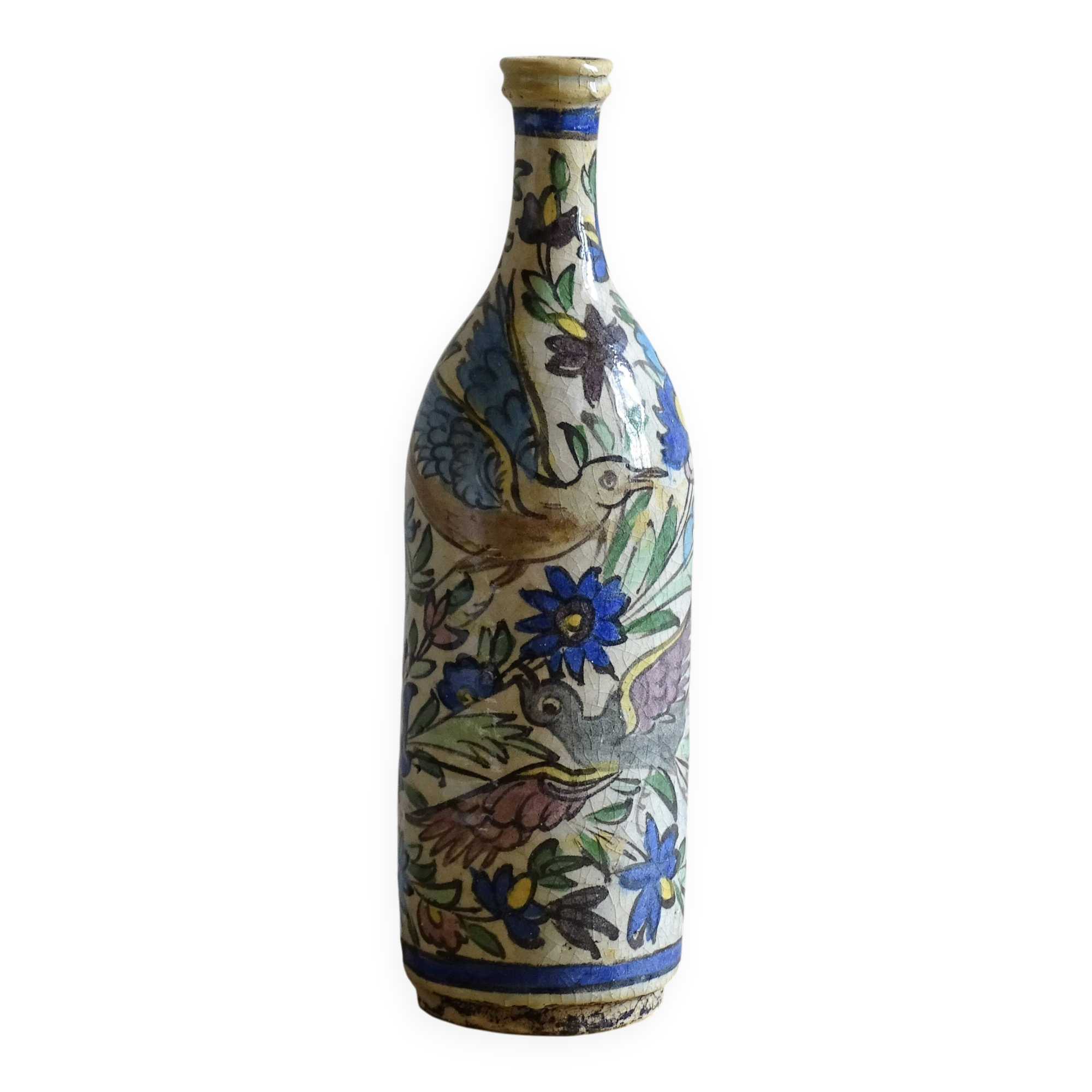 Antique Iznik Style Pottery Bottle with Birds, Ottoman Revival Ceramic Vase