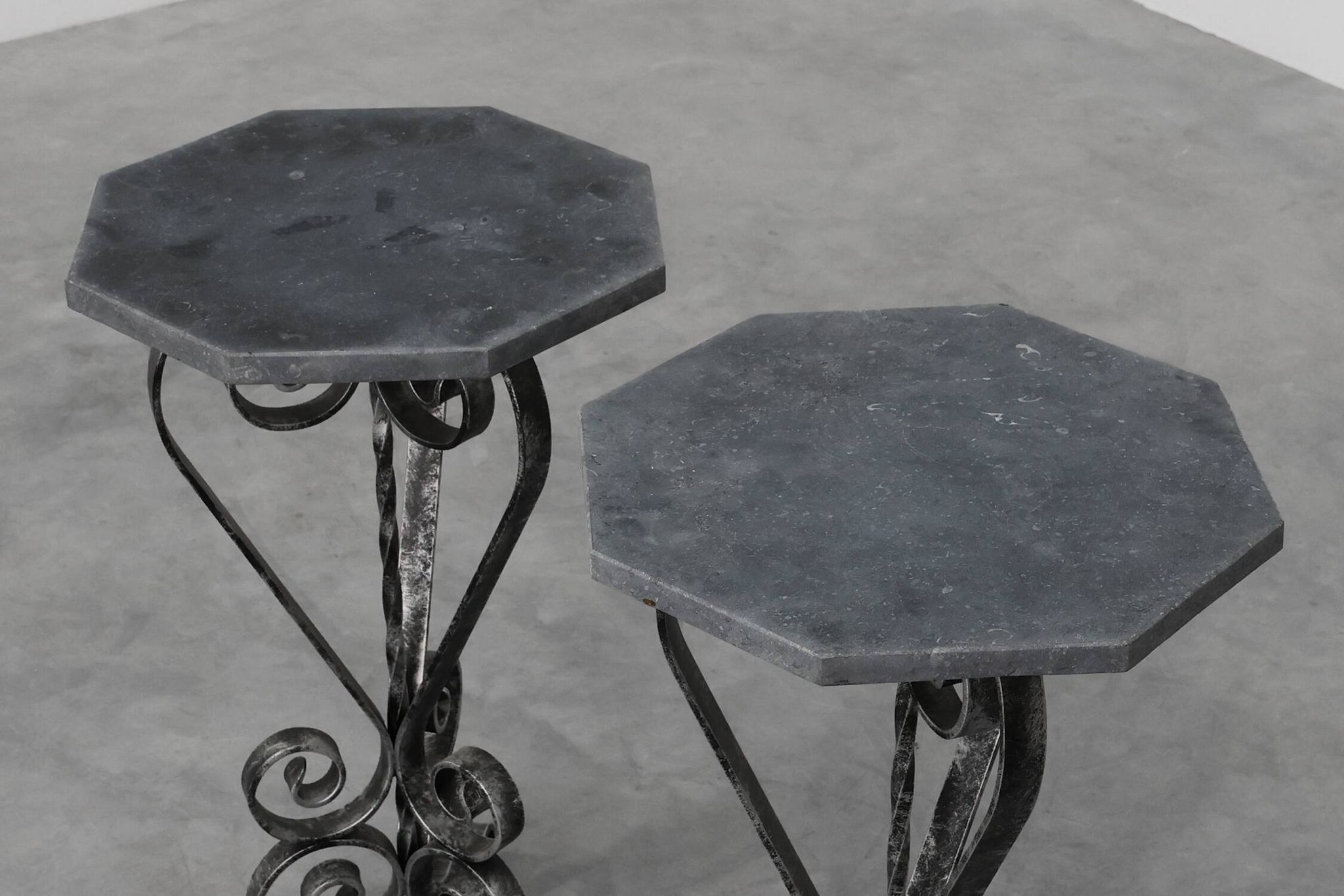 Pair of French Wrought Iron Consoles with Belgian Blue Stone Tops, 1950s