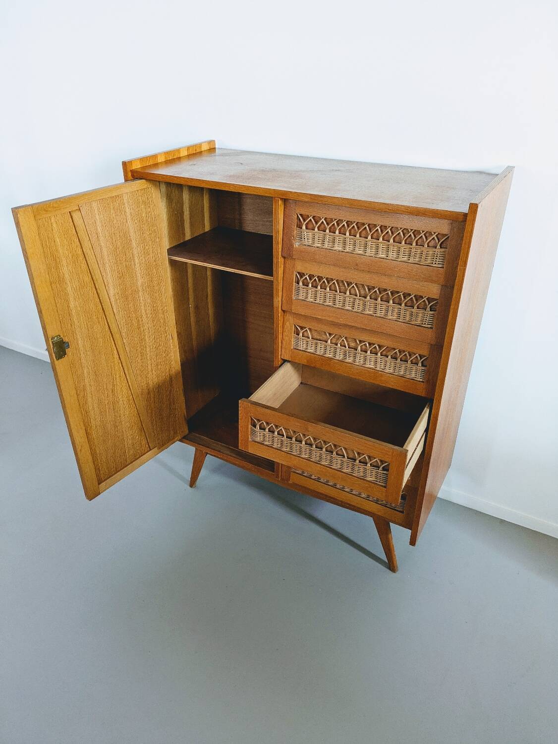 Vintage wooden and wicker chest of drawers