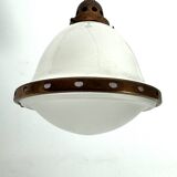 Vintage Industrial chandelier in copper and milk glass. Italy 1950s