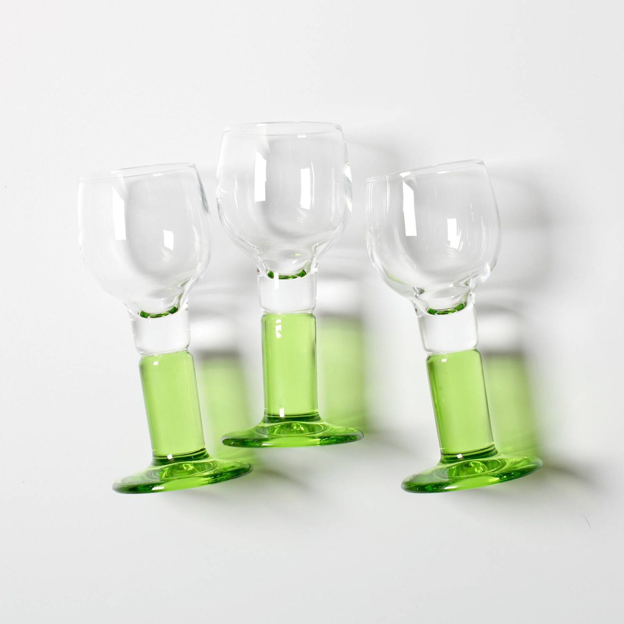 Set of 3 Vintage Limoncino Liqueur Glasses, Green Stem Shot Stemware / 1970