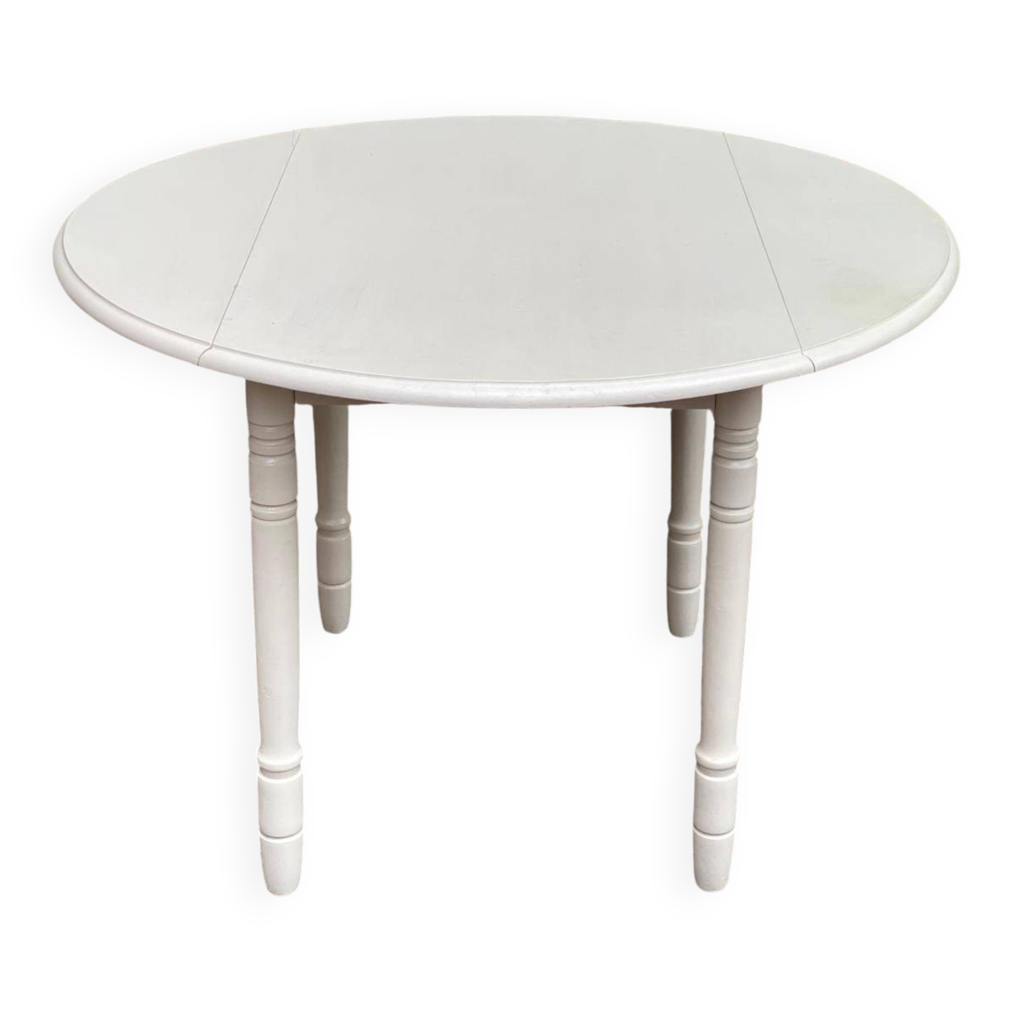 Louis Philippe round dining table with folding shutters repainted in beige grey