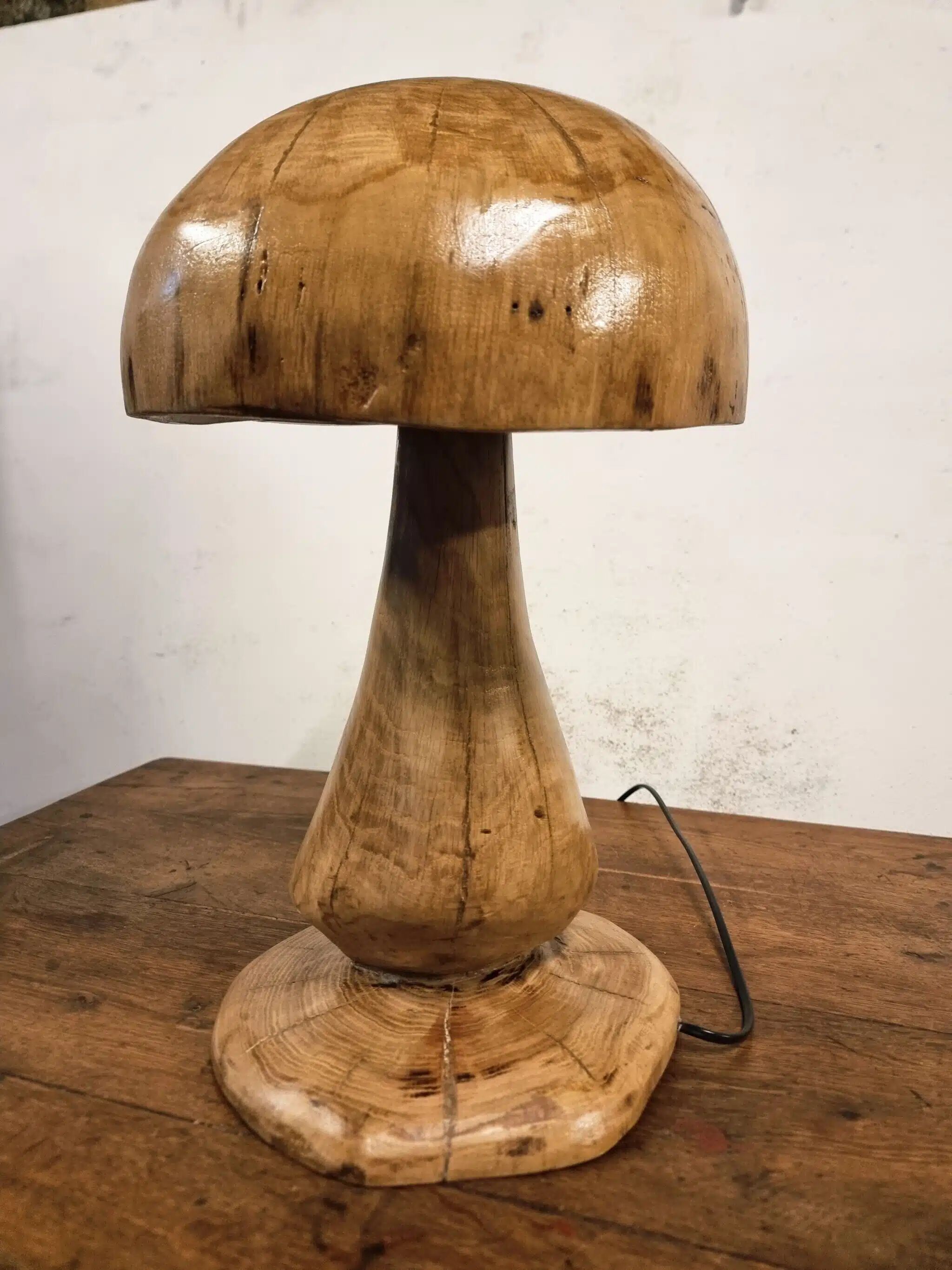 Hand-carved oak table lamp in the shape of a mushroom