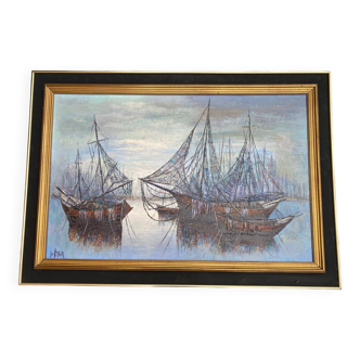 Oil painting on canvas by Luc Verger, boats, 110x80cm.