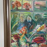 Swedish Oil on Canvas – “Interior with Figures” by Erik Lo  (1914–2004