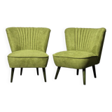 Pair of forest green cocktail chairs in fabric and wood, 1950s, ribbed shell backrest.
