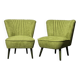 Pair of forest green cocktail chairs in fabric and wood, 1950s, ribbed shell backrest.