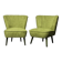 Pair of forest green cocktail chairs in fabric and wood, 1950s, ribbed shell backrest.