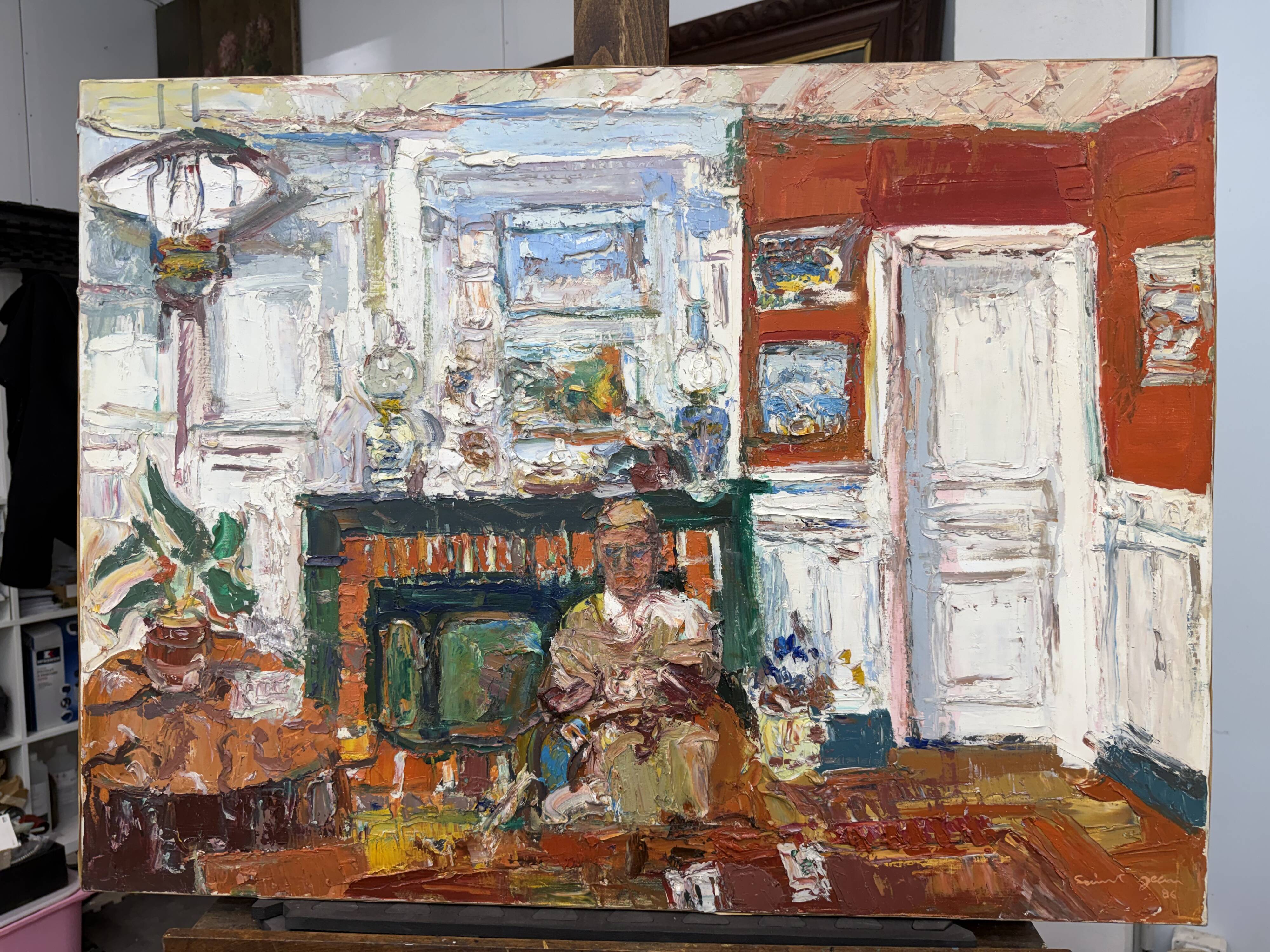 Vintage figurative painting – Man in an interior – oil on canvas signed